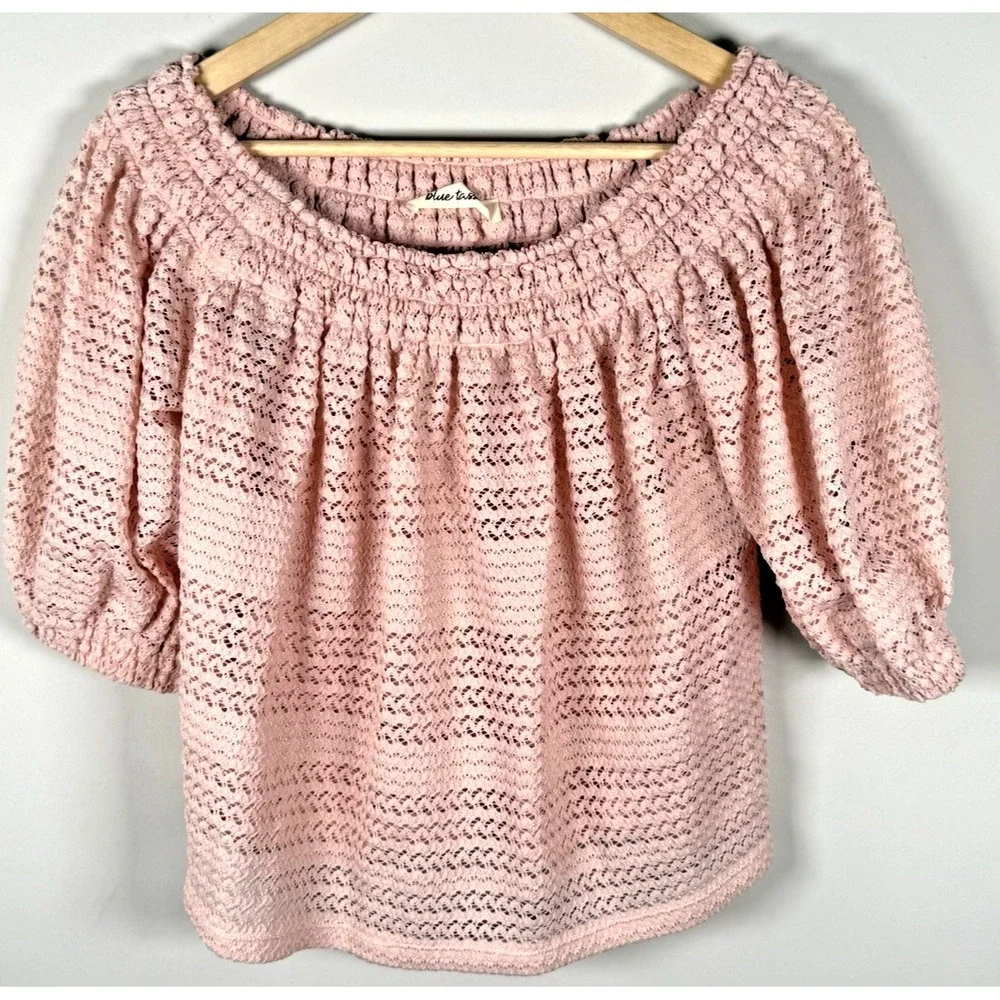 Anthropologie Blue Tassel Off-Shoulder Pink Blouse Womens Sz S Coquette Romantic